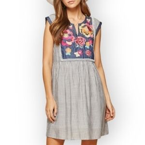 Andree by Unit Embroidered Floral Striped Dress Women's S Blue Pink Cottagecore